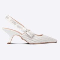 Dior Women CD J'Adior Slingback Pump White Cotton Embroidered Silver Tone Strass