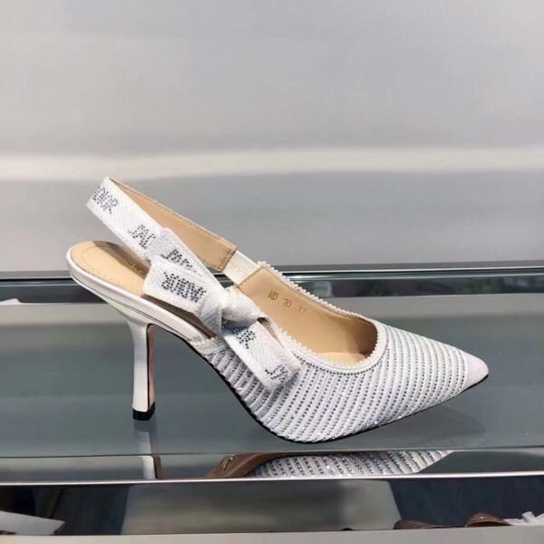 Dior Women CD J’Adior Slingback Pump White Cotton Embroidered Silver-Tone Strass (5)