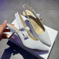 Dior Women CD J’Adior Slingback Pump White Cotton Embroidery Flat Bow (9)