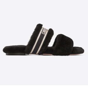 Dior Women CD Shoes Chez Moi Slide Black Embroidered Cotton Black Shearling