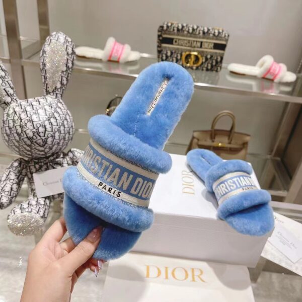 Dior Women CD Shoes Chez Moi Slide Bright Blue Embroidered Cotton Shearling (2)