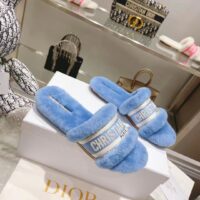 Dior Women CD Shoes Chez Moi Slide Bright Blue Embroidered Cotton Shearling (3)