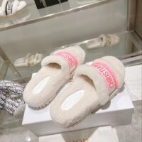 Dior Women CD Shoes Chez Moi Slide Bright Pink Cotton Embroidery White Shearling (8)