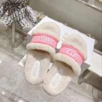 Dior Women CD Shoes Chez Moi Slide Bright Pink Cotton Embroidery White Shearling (8)