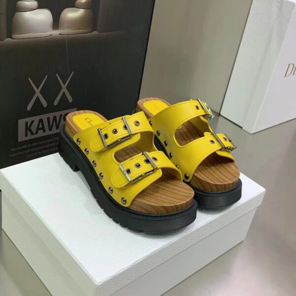 Dior Women Shoes CD Diorquake Strap Sandal Yellow Calfskin Wooden Insole (7)