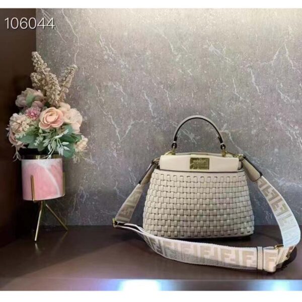 Fendi FF Women Peekaboo Mini Bag Beige Braided Calfskin Leather Bag (2)