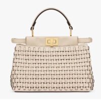 Fendi FF Women Peekaboo Mini Bag Beige Braided Calfskin Leather Bag (7)