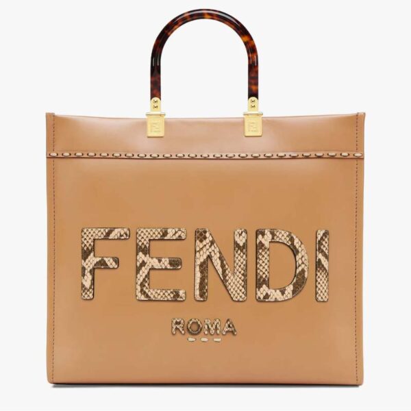 Fendi FF Women Sunshine Medium Light Brown Leather Elaphe Shopper Bag (9)