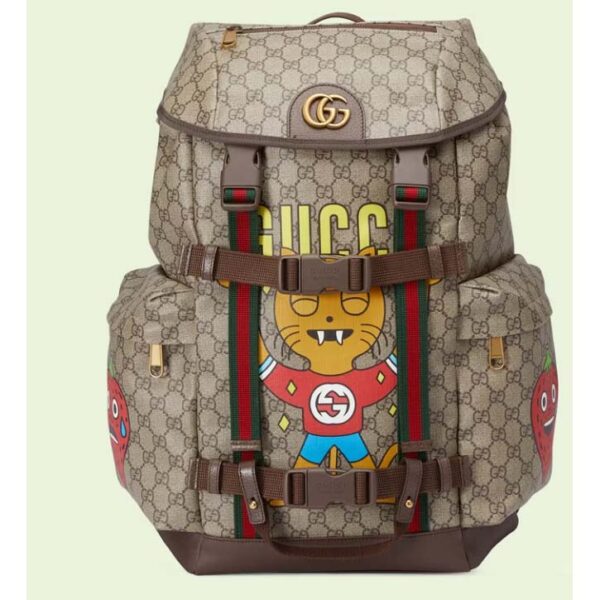 Gucci Unisex Cat Print Skateboard Backpack Beige Ebony GG Supreme Canvas (10)