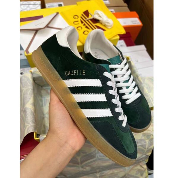 Gucci Unisex GG Adidas x Gucci Gazelle Sneaker Green Suede White Demetra Trefoil (1)