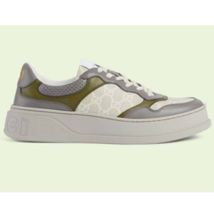 Gucci Unisex GG Sneaker White Beige GG Supreme Canvas Grey Perforated Leather