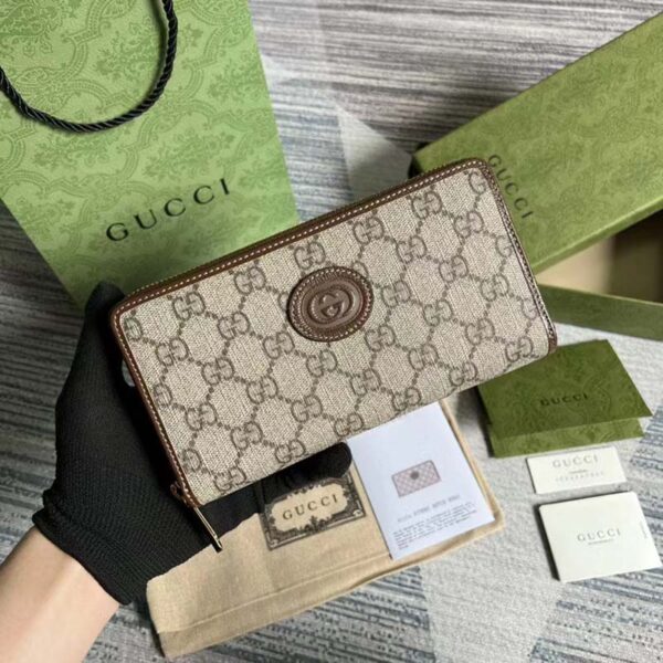 Gucci Unisex Zip Around Wallet Interlocking G Beige Ebony GG Supreme Canvas (8)