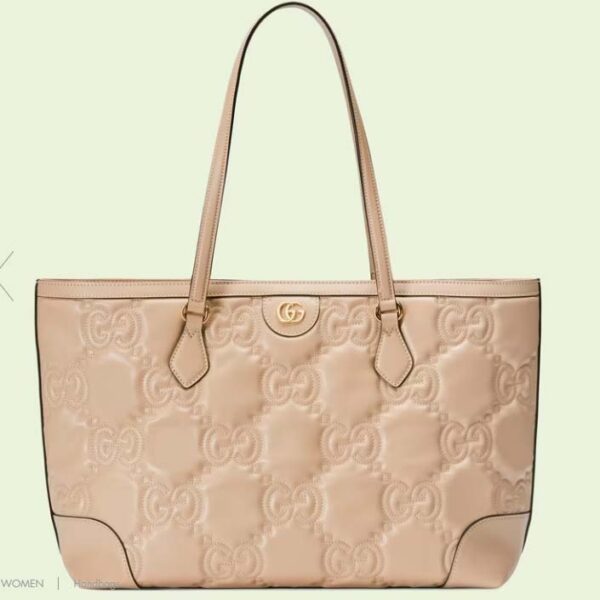 Gucci Women GG Matelassé Leather Medium Tote Beige Matelassé Chevron Double G (1)