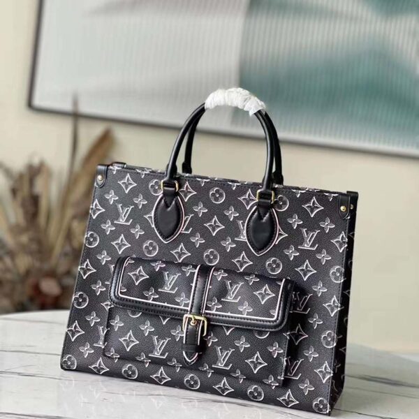 Louis Vuitton LV Unisex Onthego MM Tote Black Monogram Coated Canvas (10)