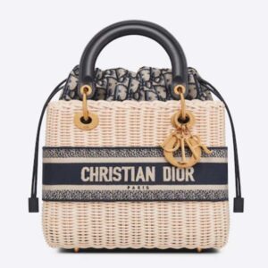 Dior Women CD Medium Lady Dior Bag Natural Wicker Blue Oblique Jacquard