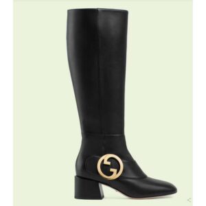 Gucci Blondie Women's Blondie Boot Black Leather Round Interlocking G Low 5 Cm Heel