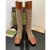 Gucci Blondie Women’s GG Knee-High Boot Beige Ebony Canvas Cuir Leather Low 5 Cm Heel (3)