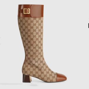 Gucci Blondie Women's GG Knee-High Boot Beige Ebony Canvas Cuir Leather Low 5 Cm Heel