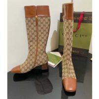 Gucci Blondie Women’s GG Knee-High Boot Beige Ebony Canvas Cuir Leather Low 5 Cm Heel (3)