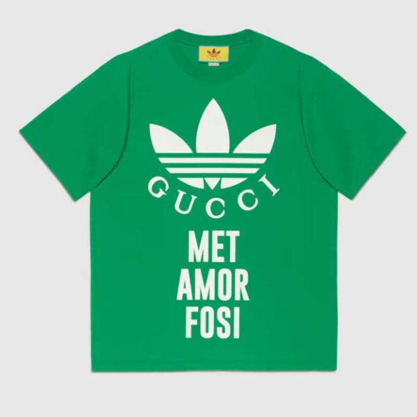 Gucci GG Men Adidas x Gucci Cotton Jersey T-Shirt Green Jersey Crewneck Oversize Fit (5)