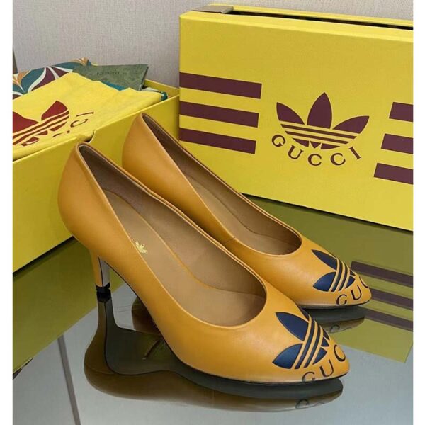 Gucci Women Adidas x Gucci Trefoil Pump Yellow Leather Blue Trefoil Print 9 Cm Heel (18)