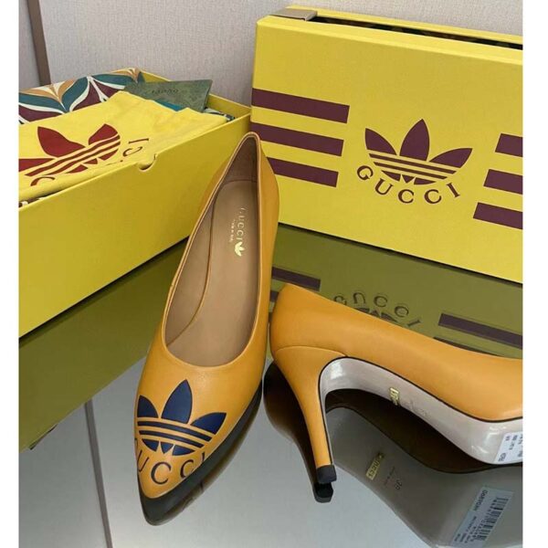 Gucci Women Adidas x Gucci Trefoil Pump Yellow Leather Blue Trefoil Print 9 Cm Heel (19)