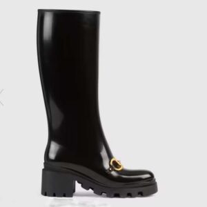 Gucci Women's GG Knee-High Boot Horsebit Black Rubber Sole Low 4 Cm Heel