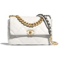 Chanel Women CC 19 Flap Bag Calfskin Gold Silver-Tone Metal White (9)