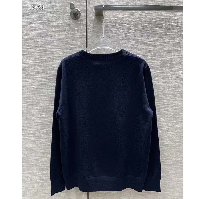 Dior Women CD Bobby Sweater Navy Blue Cashmere Jacquard Ribbed Round Collar (5)