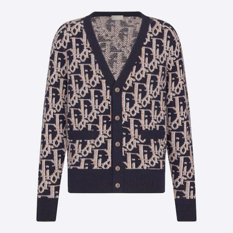 Dior Men CD Dior Oblique Cardigan Navy Blue Wool Jacquard