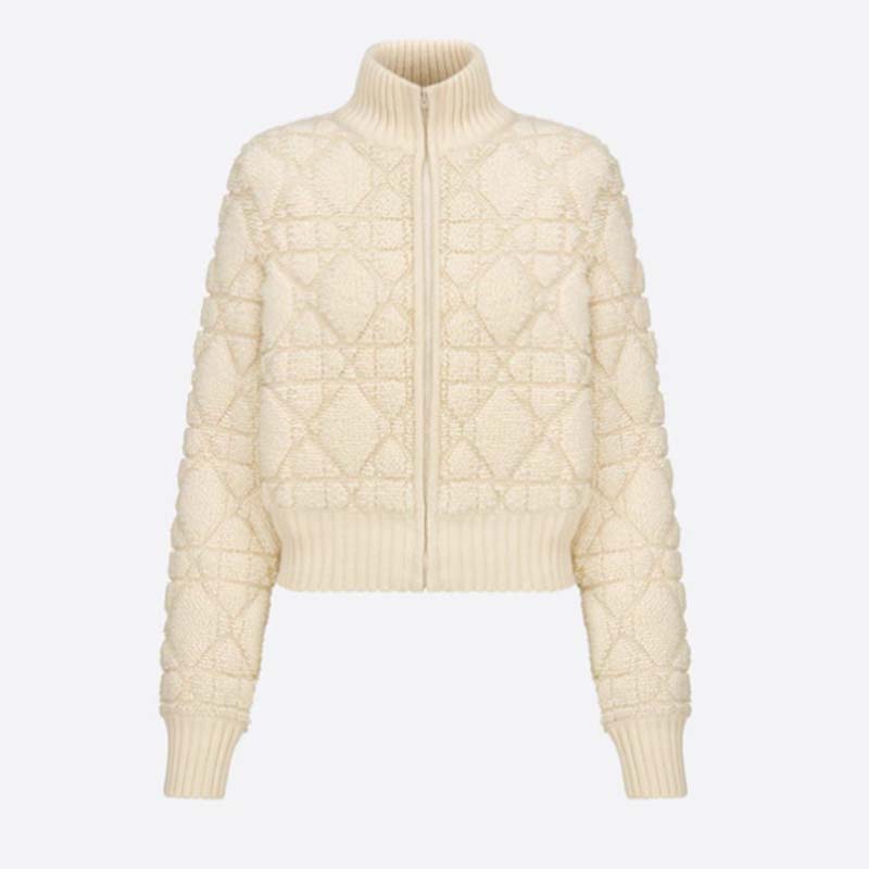 Dior Women CD Macrocannage Zipped Cardigan White Technical Wool Cashmere Knit