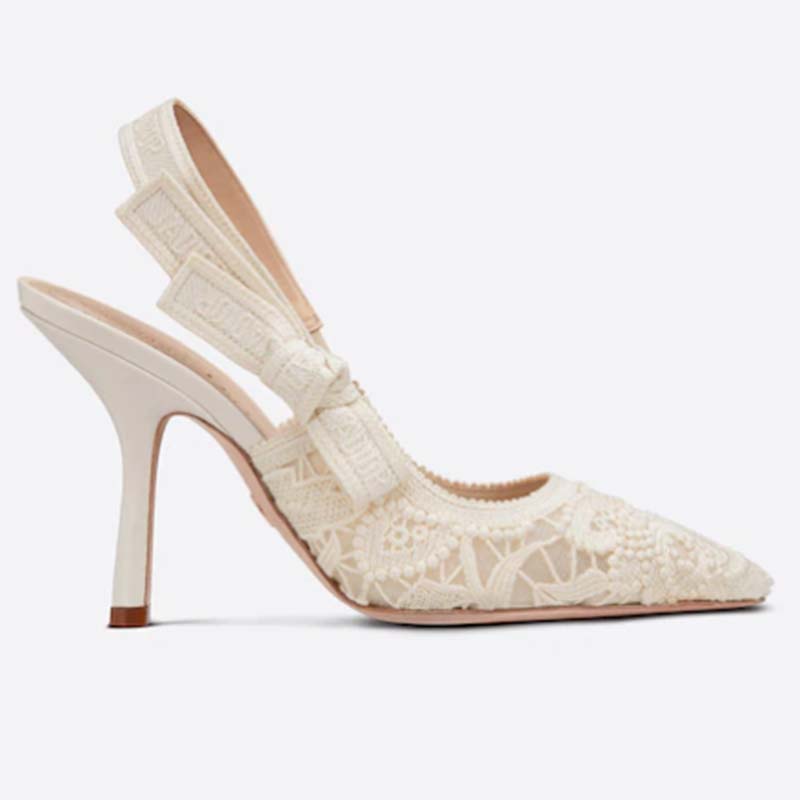 Dior Women J'Adior Slingback Pump White Macramé Embroidered Cotton