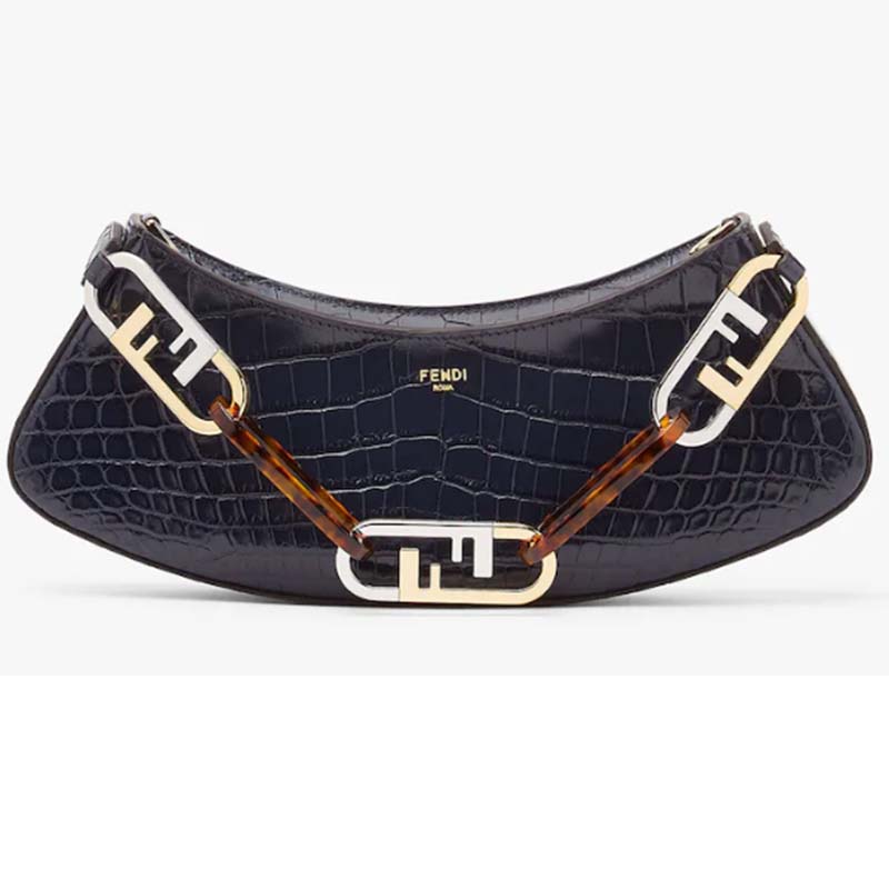 Fendi Women FF O’Lock Swing Dark Blue Crocodile Leather Pouch