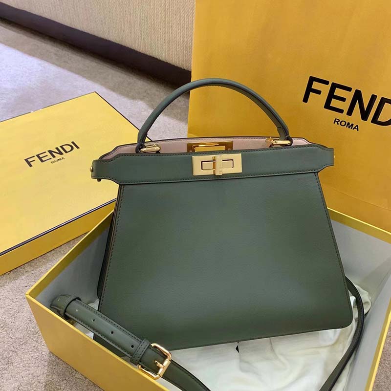 Fendi Women FF Peekaboo Medium Calfskin Leather Bag-Dark Green