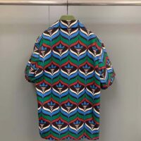 Gucci GG Men Adidas x Gucci Trefoil Print Bowling Shirt Straight Hem Side Vents Viscose (9)