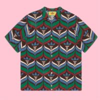 Gucci GG Men Adidas x Gucci Trefoil Print Bowling Shirt Straight Hem Side Vents Viscose (9)