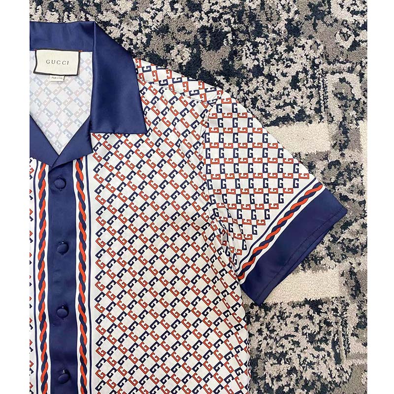Gucci GG Men Geometric G Print Muslin Bowling Shirt Notch Collar Short Sleeves (15)