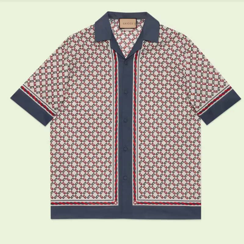 Gucci GG Men Geometric G Print Muslin Bowling Shirt Notch Collar Short Sleeves