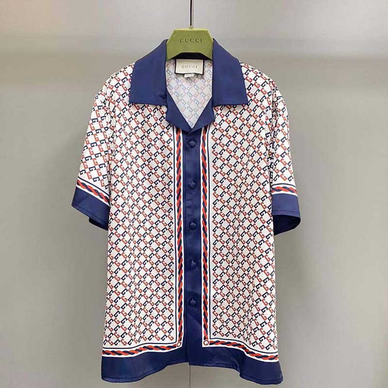 Gucci GG Men Geometric G Print Muslin Bowling Shirt Notch Collar Short Sleeves (8)