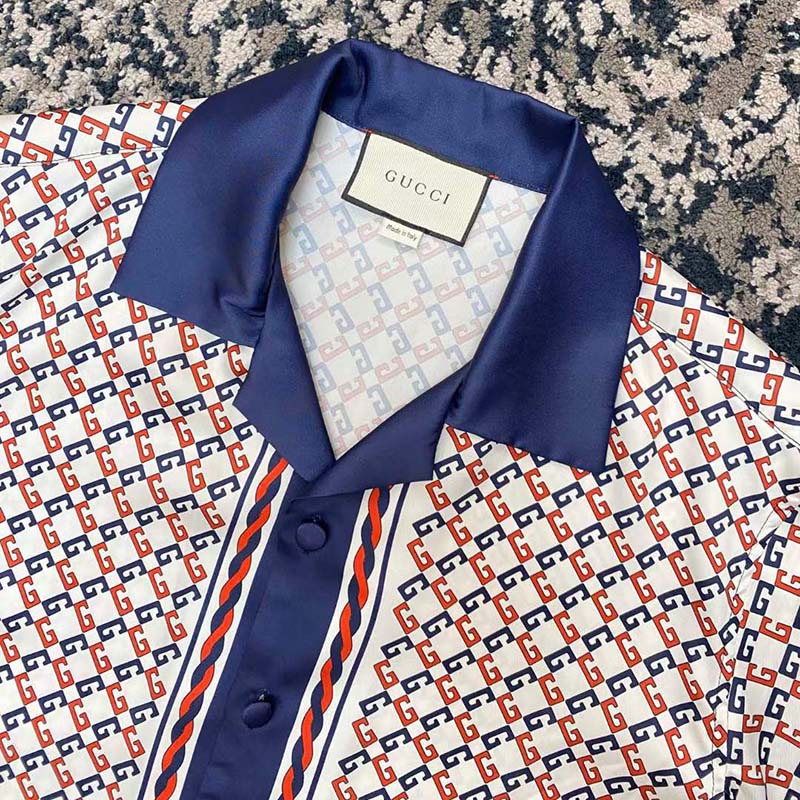 Gucci GG Men Geometric G Print Muslin Bowling Shirt Notch Collar Short Sleeves (9)