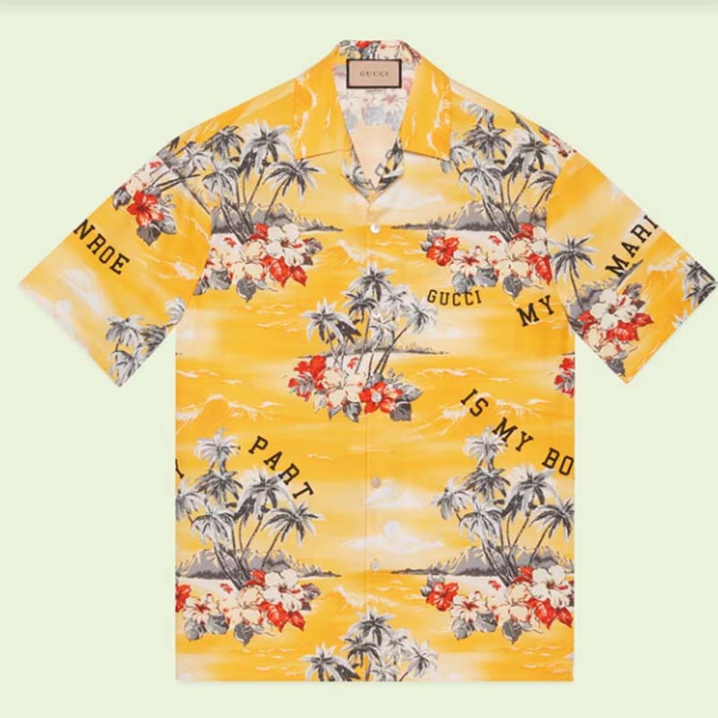 Gucci GG Men Printed Cotton Bowling Shirt Yellow Red Poplin Short Sleeves