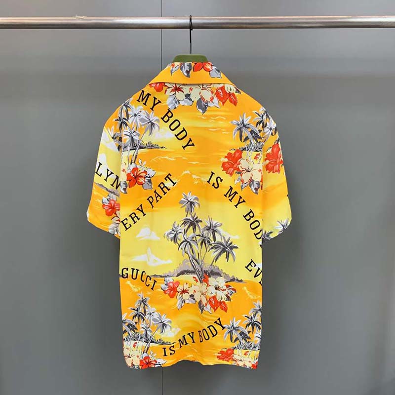 Gucci GG Men Printed Cotton Bowling Shirt Yellow Red Poplin Short Sleeves (5)