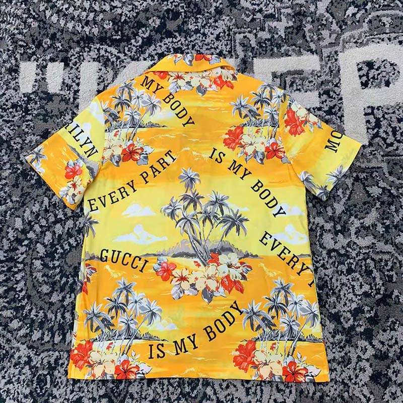 Gucci GG Men Printed Cotton Bowling Shirt Yellow Red Poplin Short Sleeves (7)