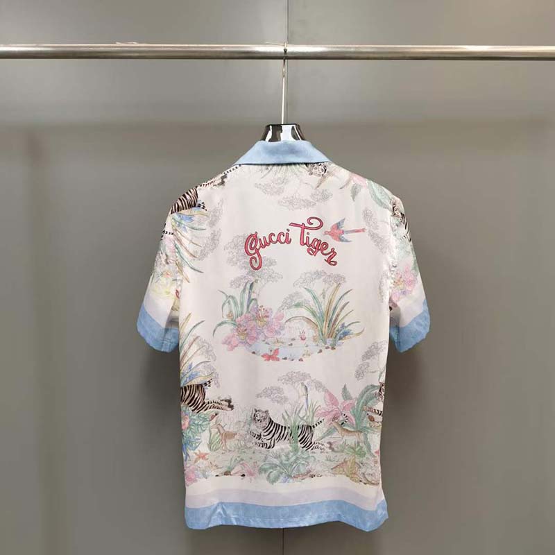 Gucci GG Men Tiger Bowling Shirt Flower Print Ivory Silk Crepe Loose Fit (2)
