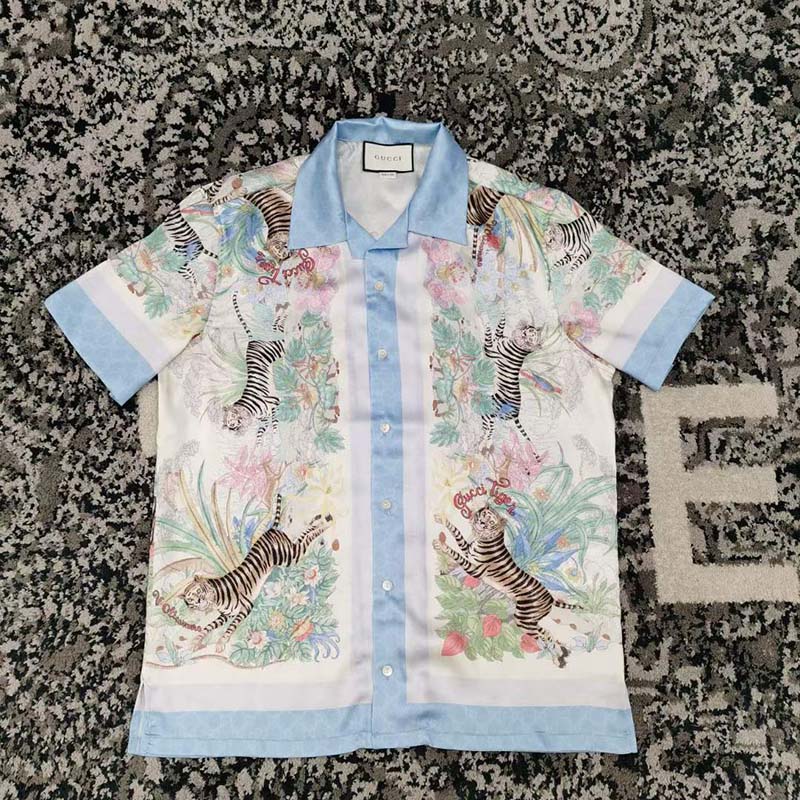 Gucci GG Men Tiger Bowling Shirt Flower Print Ivory Silk Crepe Loose Fit (3)