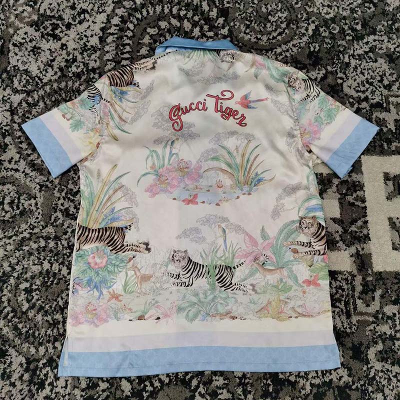 Gucci GG Men Tiger Bowling Shirt Flower Print Ivory Silk Crepe Loose Fit (5)
