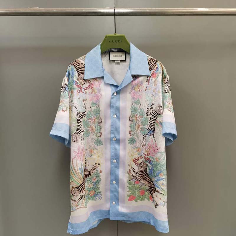 Gucci GG Men Tiger Bowling Shirt Flower Print Ivory Silk Crepe Loose Fit (6)