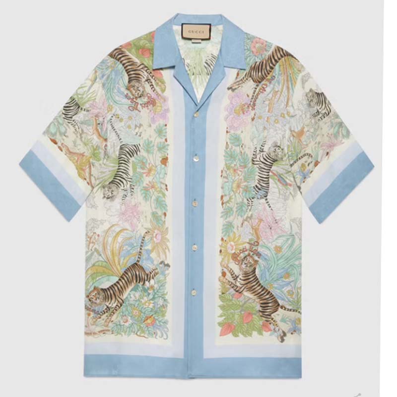 Gucci GG Men Tiger Bowling Shirt Flower Print Ivory Silk Crepe Loose Fit