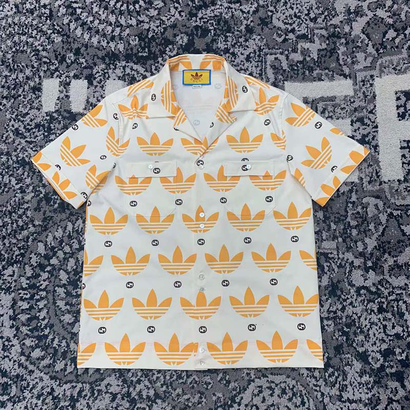 Gucci GG Women Adidas x Gucci Trefoil Print Bowling Shirt Yellow Fully Lined Viscose (11)