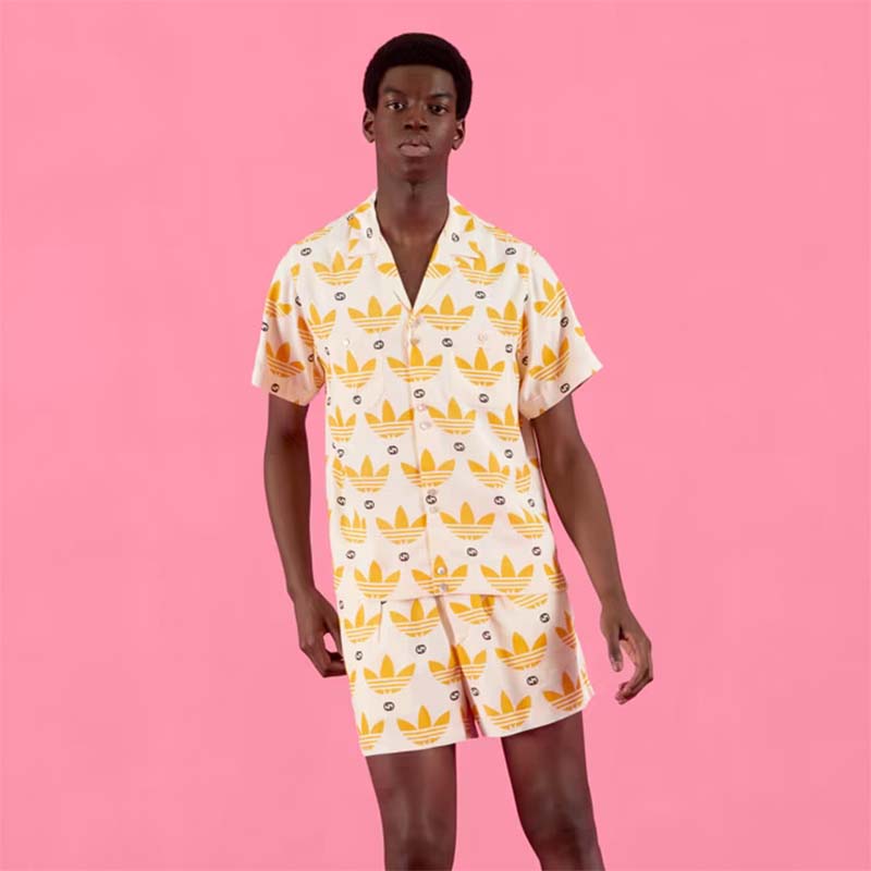 Gucci GG Women Adidas x Gucci Trefoil Print Bowling Shirt Yellow Fully Lined Viscose (2)